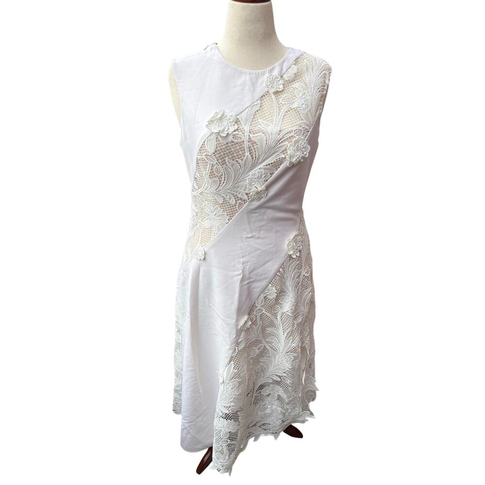 NWT Oscar de la Renta Lace Trim Wool Blend Midi Dress White Size 12